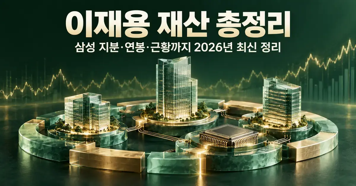 이재용 재산 총정리라는 제목 아래 삼성 계열사 지분과 주식 자산을 상징하는 유리 빌딩, 반도체 칩, 연결된 고리와 주가 그래프를 배치한 이미지.