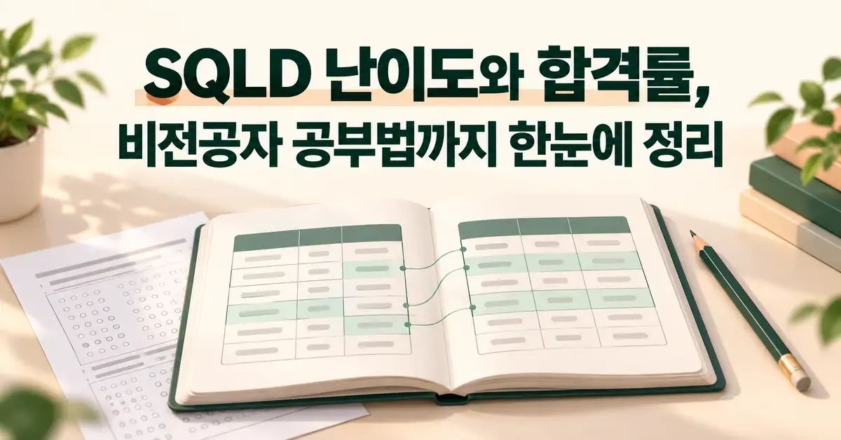 SQLD 난이도와 합격률, 비전공자 공부법을 소개하는 제목 아래 데이터 표가 연결된 학습 노트와 답안지, 연필을 배치한 이미지.